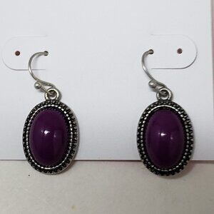 Women's Silver tone Dainty Design Purple Stone Oval Fishhook Teardrop Earrings